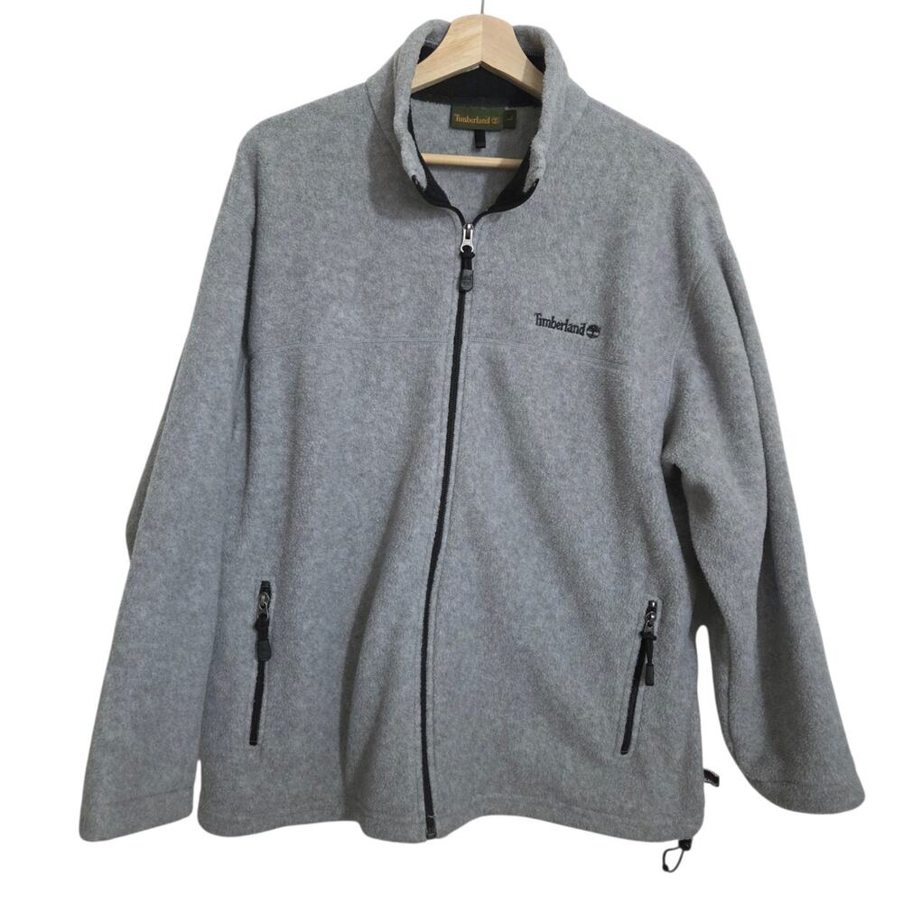 Timberland Polartec Full Zip Fleece Jacket Soft Heather Gray Black Pockets LARGE